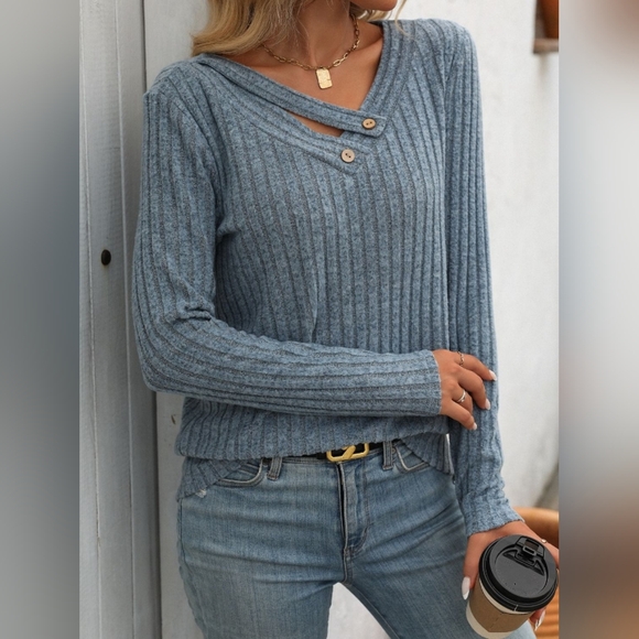 Mandy Ribbed V-Neck Long Sleeve T-Shirt - Picture 1 of 6